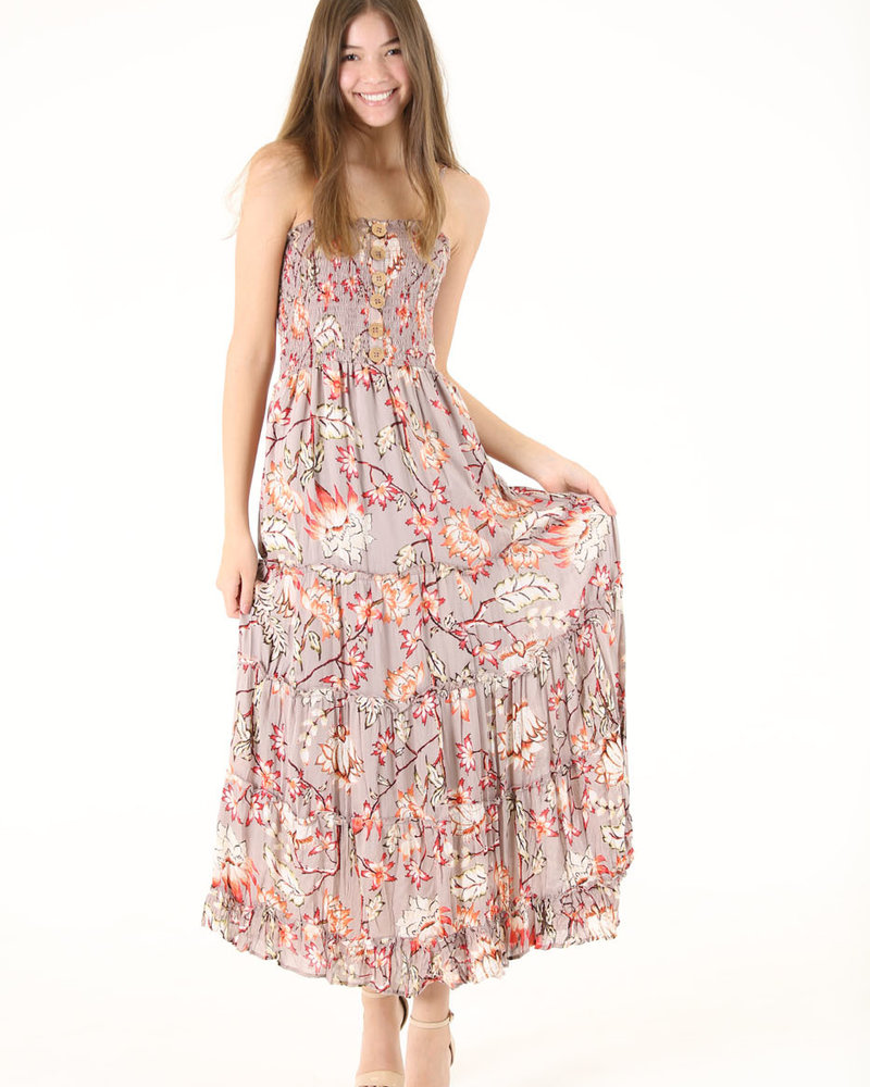 Angie Floral Maxi Tank Dress Wood Buttons (C4246)