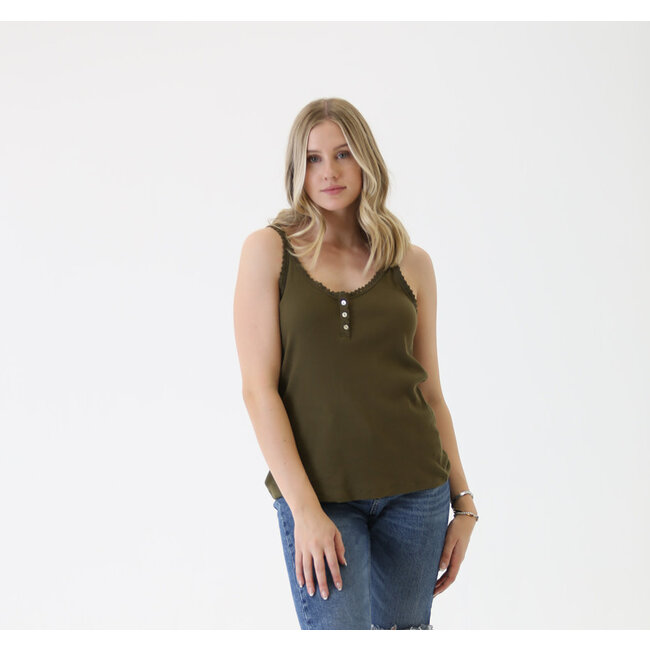 Angie Lace Trim Rib Knit Tank W.Buttons (X2AG9)