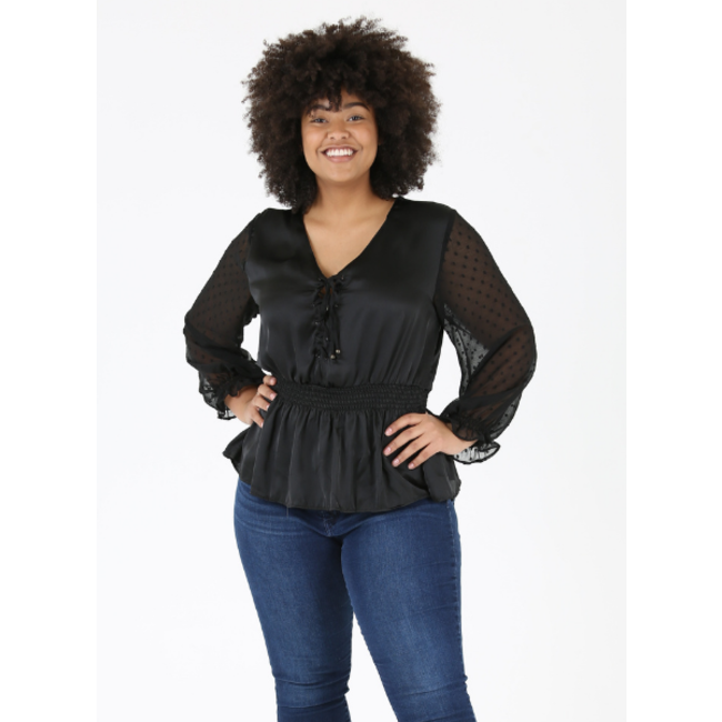 Angie Angie Plus Sheer Sleeves Lace Up Top (P9Z38)