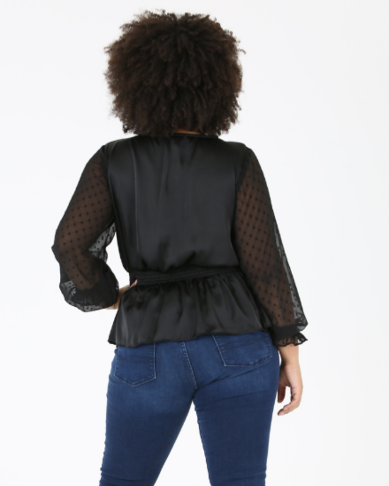 Angie Plus Sheer Sleeves Lace Up Top (P9Z38)