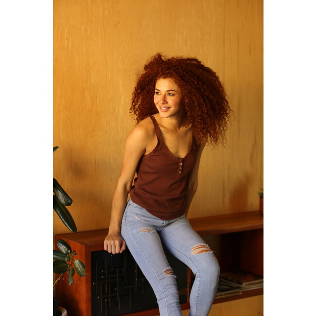 Angie Lace Trim Rib Knit Tank W.Buttons (X2AG9)