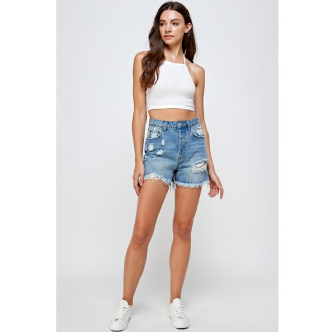 Signature 8 Signature 8 High Rise Destroyed Mid Length Denim Shorts  (S8902)