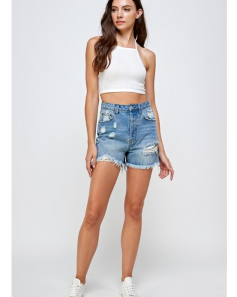 Signature 8 High Rise Destroyed Mid Length Denim Shorts (S8902)