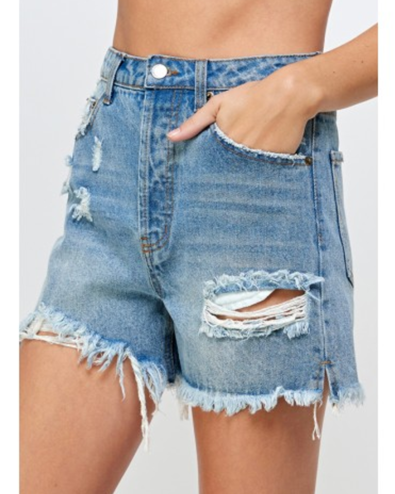Signature 8 High Rise Destroyed Mid Length Denim Shorts  (S8902)