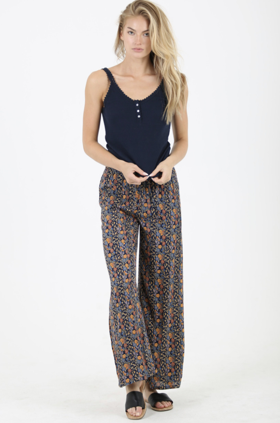 Angie Printed Wide Leg Pant With Smocked Waist (25S54) - Creations Boutique