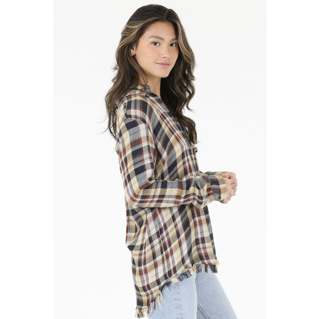 Angie Angie Plaid Flannel Fringe Hem (B2U78)