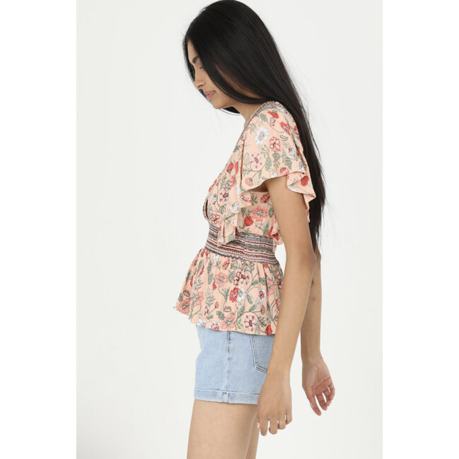 Angie Angie V Neck Flutter Sleeve Smocked Waist Top (B2Y10)