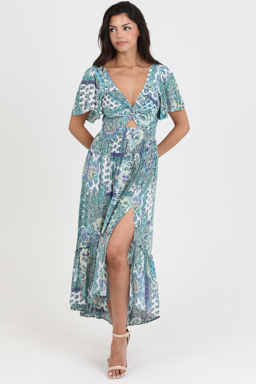 Angie Deep V Maxi Dress With Cutout (C4795) - Creations Boutique