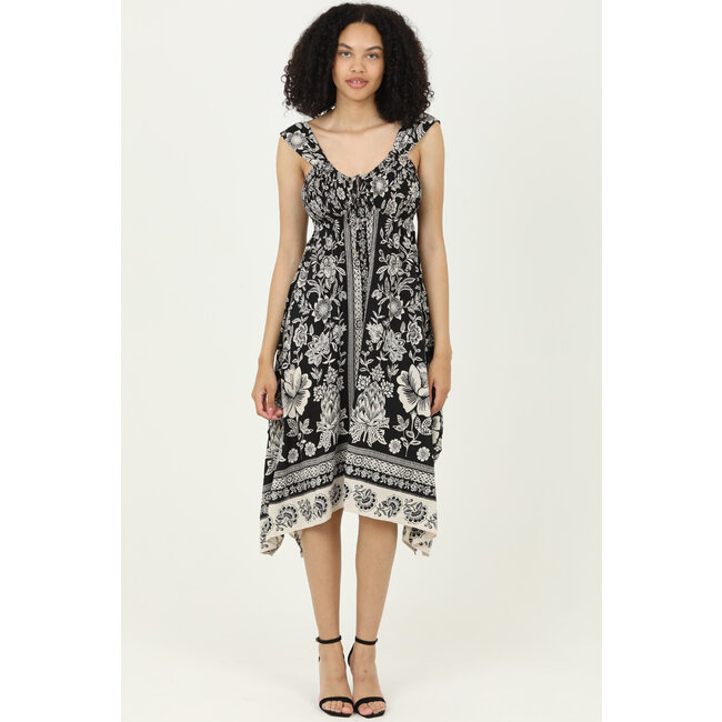 Angie Angie Smocked Bodice Printed Assymetrical Hem Dress (F4K73)
