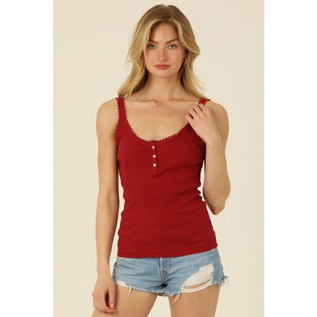 Angie Lace Trim Rib Knit Tank With Buttons - Creations Boutique