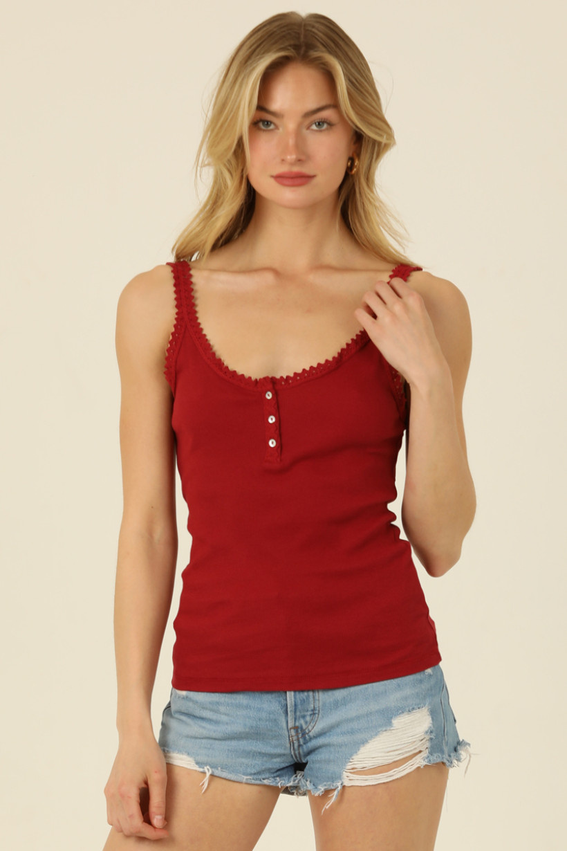 Angie Lace Trim Rib Knit Tank With Buttons - Creations Boutique