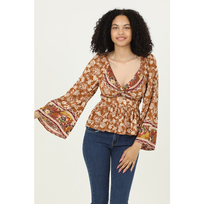Angie Angie V Neck Twist Front Flare LS Top (C2145)