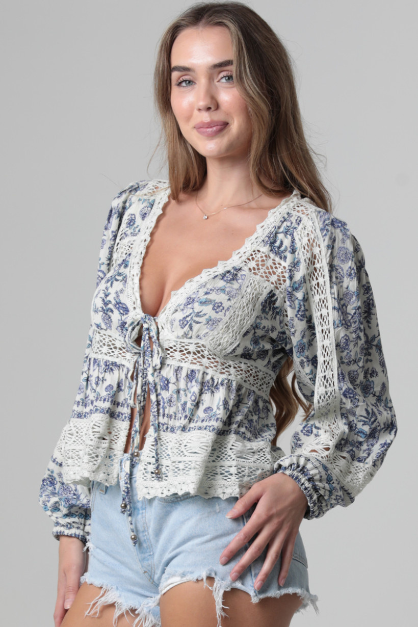 Angie Open Tie Top with Lace Trim (C2D82) - Creations Boutique
