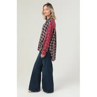 Angie Angie LS Plaid Button Up Acid Washed Top (C2D21)