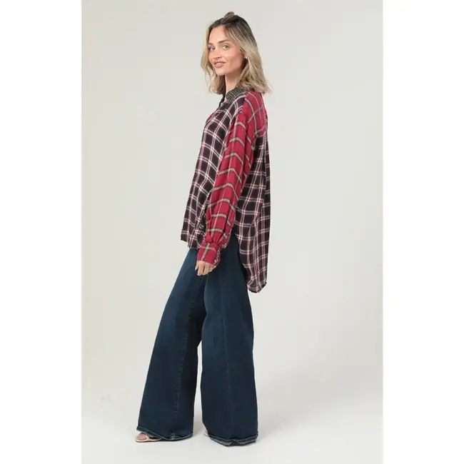 Angie Angie LS Plaid Button Up Acid Washed Top (C2D21)