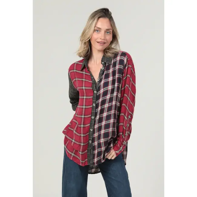 Angie Angie LS Plaid Button Up Acid Washed Top (C2D21)