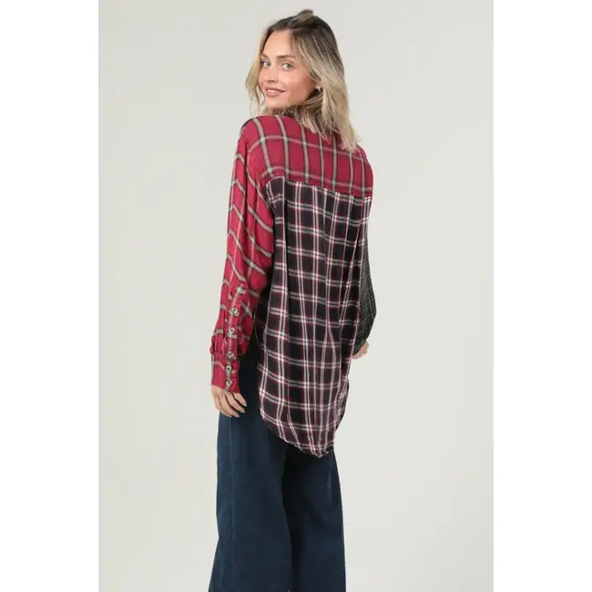 Angie Angie LS Plaid Button Up Acid Washed Top (C2D21)