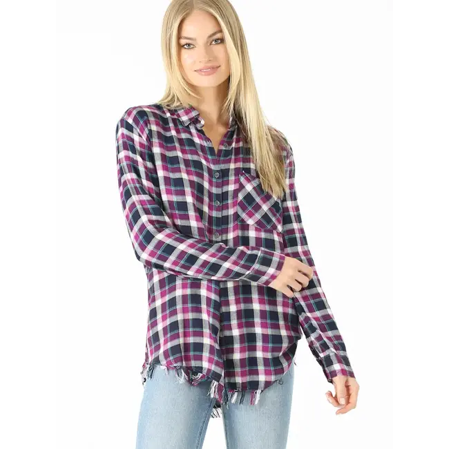 Angie Angie Plaid Flannel Fringe Hem (B2U78)