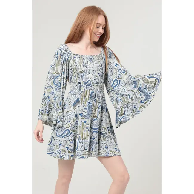 Angie Smocked Bodice Dress W Flutter Sleeves (C4468)