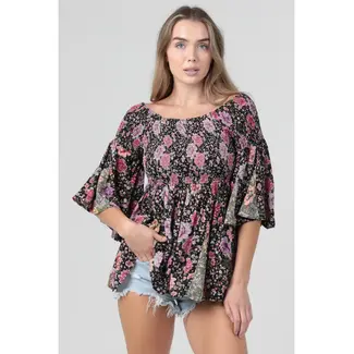 Angie Angie Off Shoulder Smocked Bodice Long Sleeve Top  (C2D80)