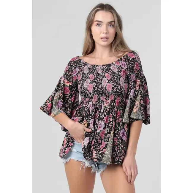 Angie Angie Off Shoulder Smocked Bodice Long Sleeve Top  (C2D80)