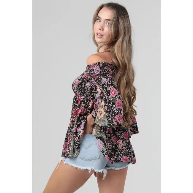 Angie Angie Off Shoulder Smocked Bodice Long Sleeve Top  (C2D80)