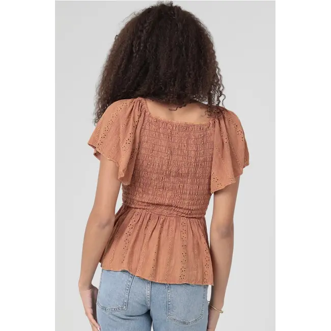 Angie Angie Flutter Sleeve Acid Wash Schiffly Top (C2E41)