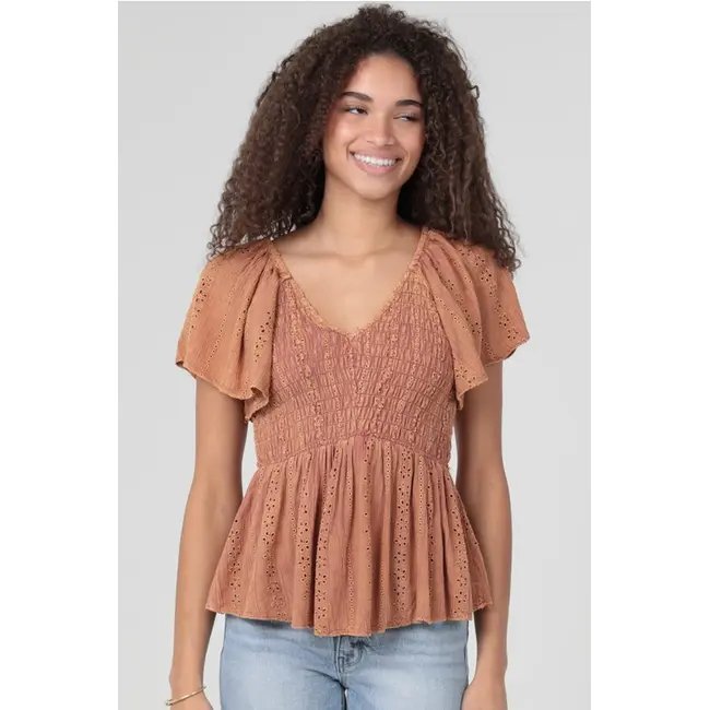 Angie Angie Flutter Sleeve Acid Wash Schiffly Top (C2E41)