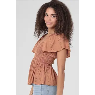 Angie Angie Flutter Sleeve Acid Wash Schiffly Top (C2E41)