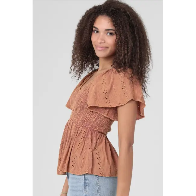 Angie Angie Flutter Sleeve Acid Wash Schiffly Top (C2E41)