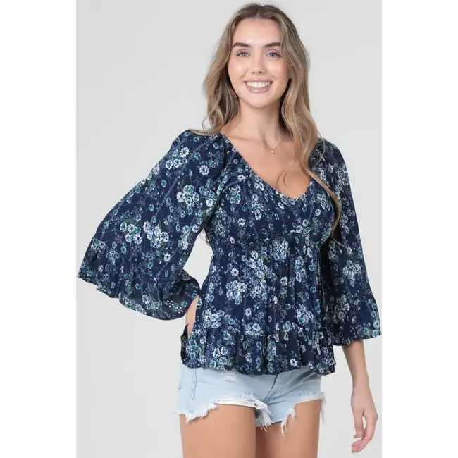 Angie Angie Flare Sleeve V-Neck Smocked Top (C2E32)