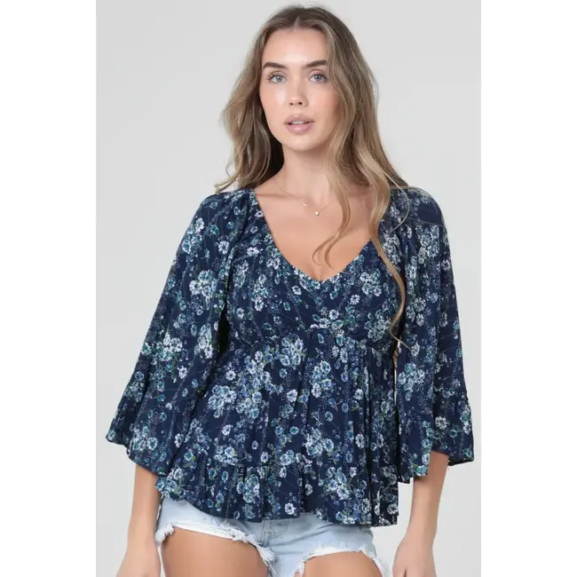 Angie Angie Flare Sleeve V-Neck Smocked Top (C2E32)