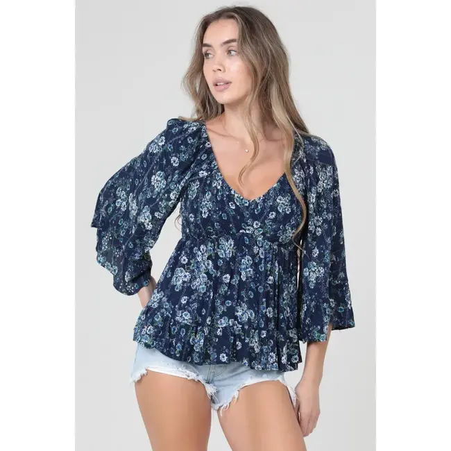 Angie Angie Flare Sleeve V-Neck Smocked Top (C2E32)