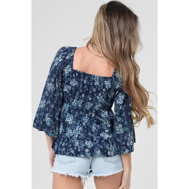 Angie Angie Flare Sleeve V-Neck Smocked Top (C2E32)