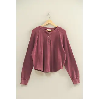 Double Zero Double Zero Mineral Washed Henley Waffle Raglan Sleeve Top (DZ25C923)