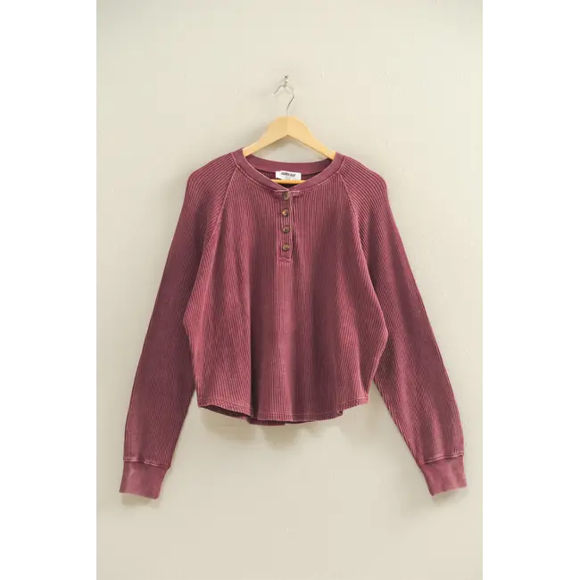 Double Zero Double Zero Mineral Washed Henley Waffle Raglan Sleeve Top (DZ25C923)