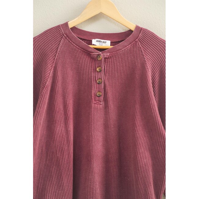 Double Zero Double Zero Mineral Washed Henley Waffle Raglan Sleeve Top (DZ25C923)