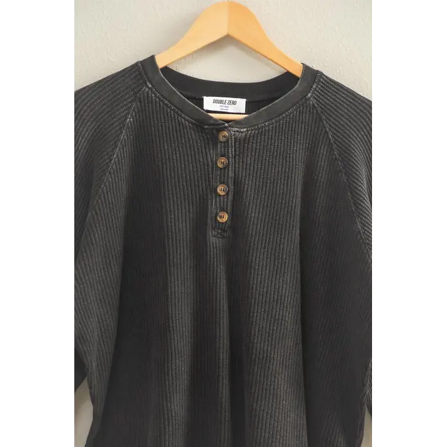 Double Zero Double Zero Mineral Washed Henley Waffle Raglan Sleeve Top (DZ25C923)