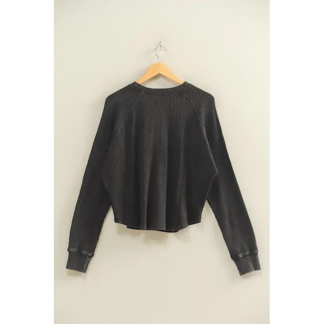 Double Zero Double Zero Mineral Washed Henley Waffle Raglan Sleeve Top (DZ25C923)