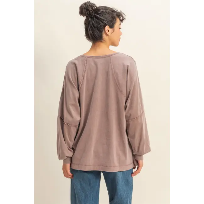 Double Zero Double Zero Washed Oversized Long Sleeve Top with Slit (DZ25C921)