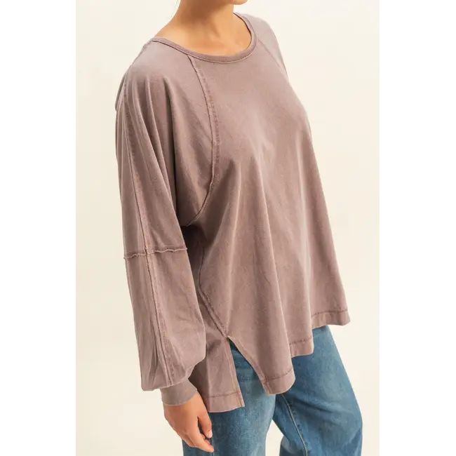 Double Zero Double Zero Washed Oversized Long Sleeve Top with Slit (DZ25C921)