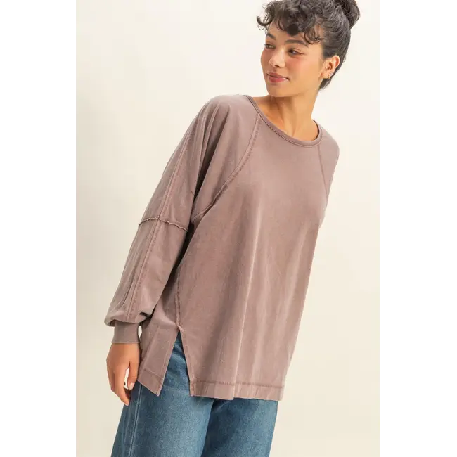 Double Zero Double Zero Washed Oversized Long Sleeve Top with Slit (DZ25C921)
