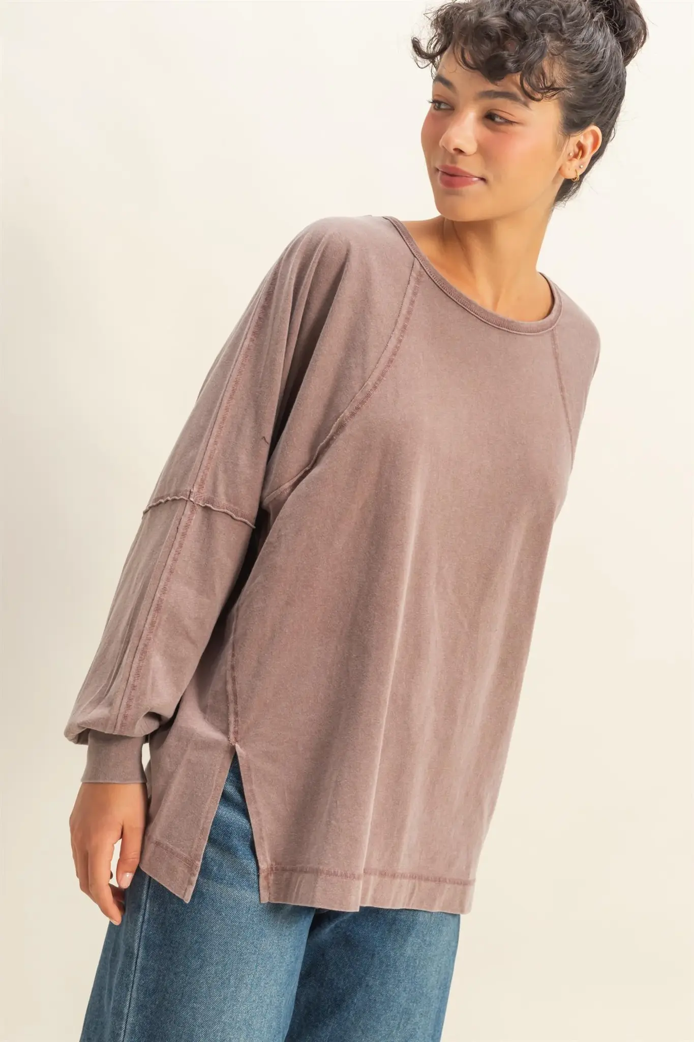 Double Zero Washed Oversized Long Sleeve Top with Slit (DZ25C921) -  Creations Boutique