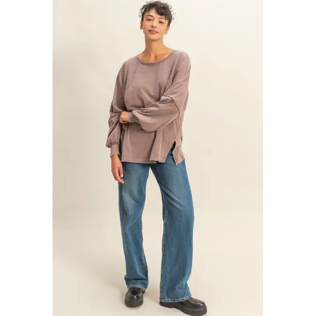 Double Zero Double Zero Washed Oversized Long Sleeve Top with Slit (DZ25C921)