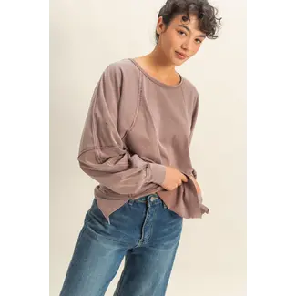 Double Zero Double Zero Washed Oversized Long Sleeve Top with Slit (DZ25C921)