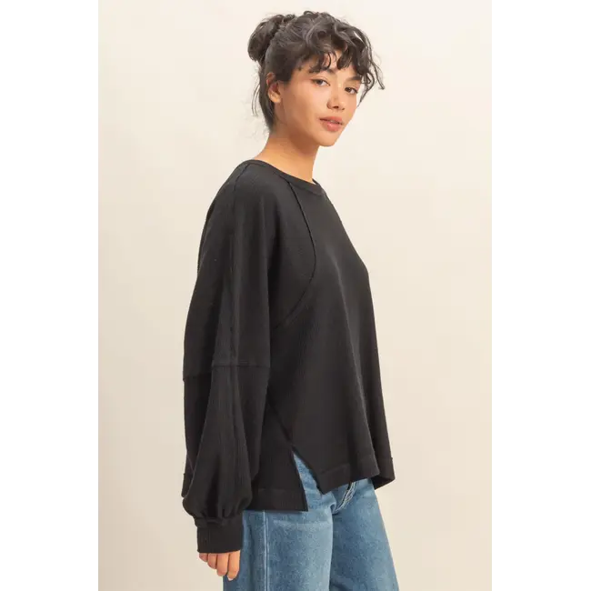 Double Zero Double Zero Brushed Waffle Long Sleeve Casual Top (DZ25F398)