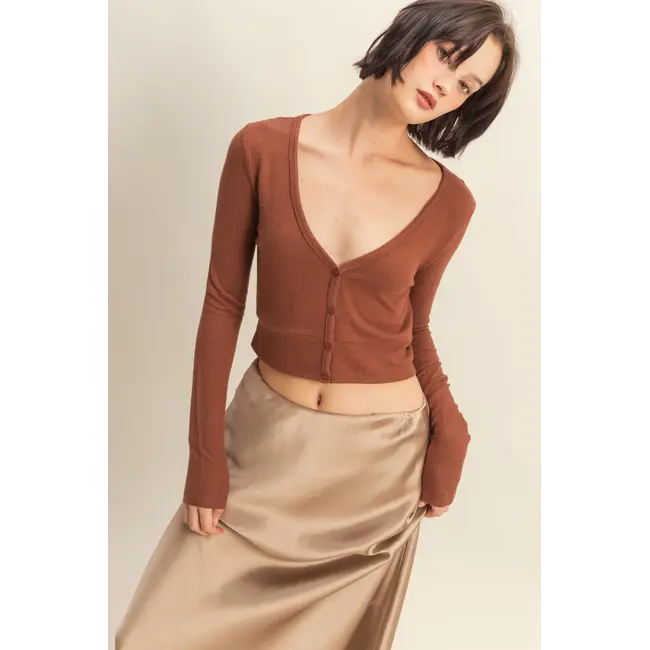 Double Zero Double Zero Cropped V-Neck Long Sleeve Top (DZ25E544)