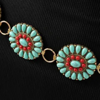 Fame Western Turquoise and Red Concho Belt (MML9240)