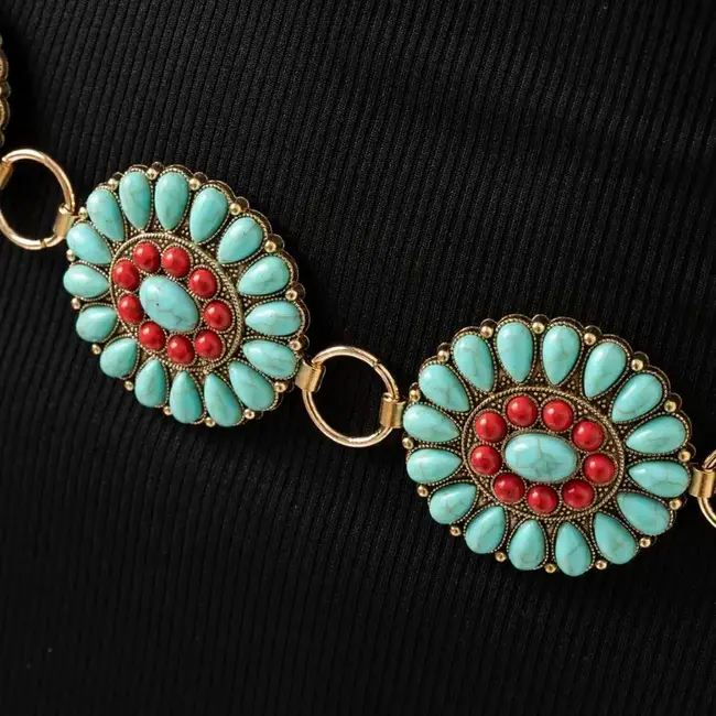 Fame Western Turquoise and Red Concho Belt (MML9240)