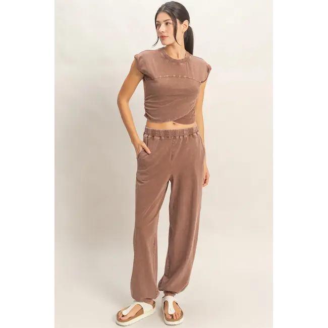 Double Zero Rolled Sleeve Wrap-Front Crop Top and Jogger Set (DZ26A172)